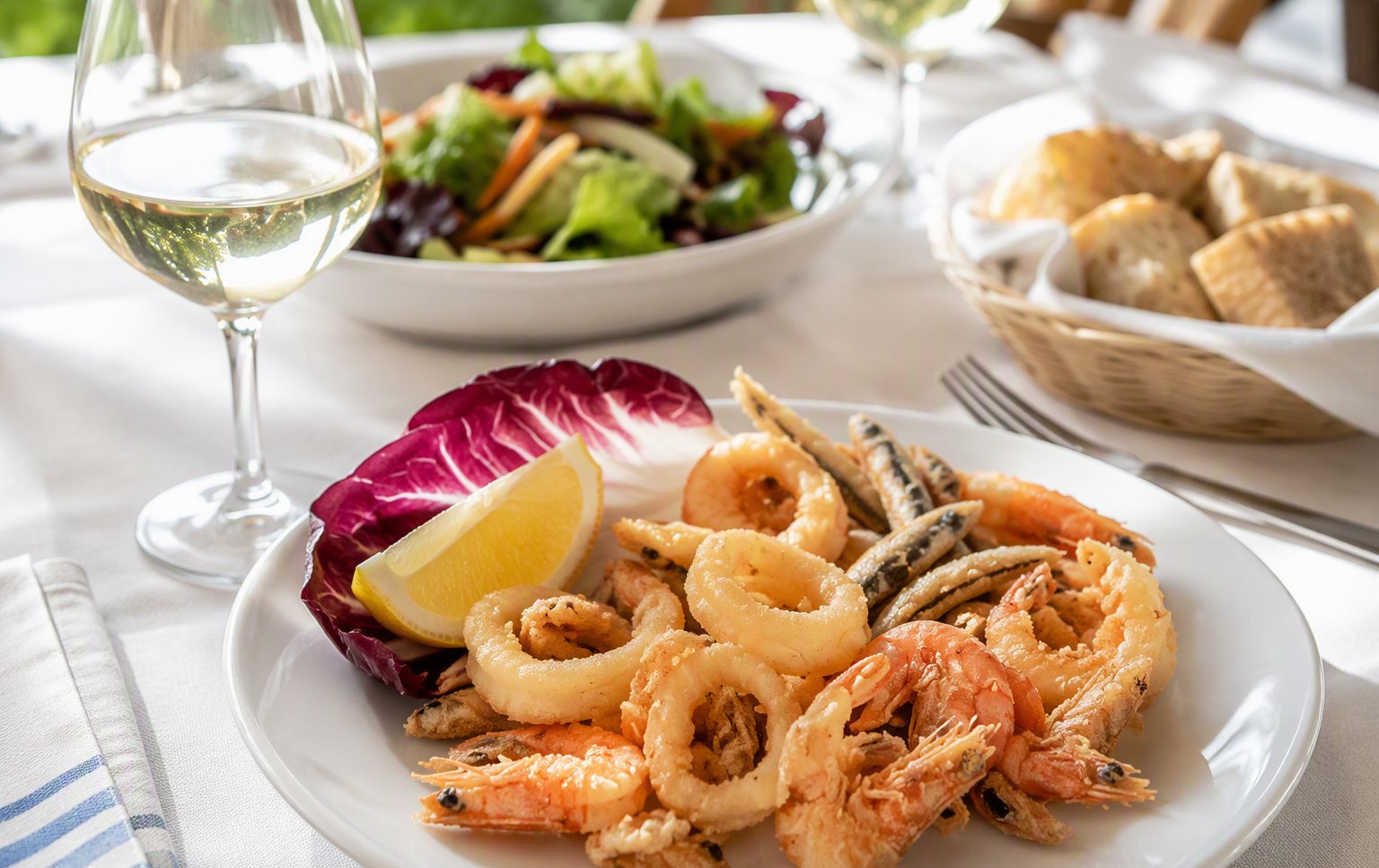 Frittura di pesce dorata servita con un calice di vino bianco