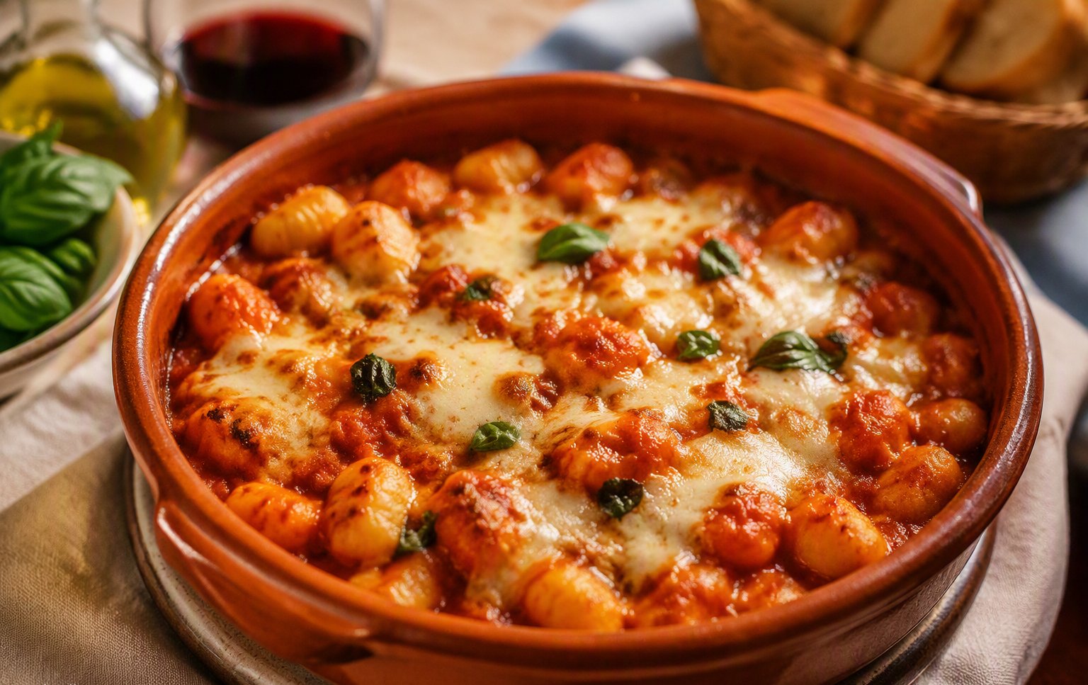 Gnocchi alla sorrentina al forno serviti nel tegame di terracotta