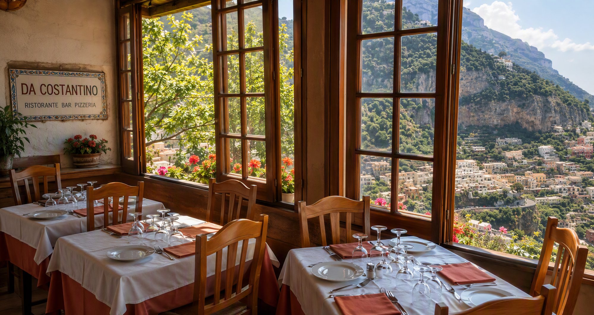 La sala con vista di Ristorante Da Costantino, con l'insegna sulla parete e Positano sullo sfondo